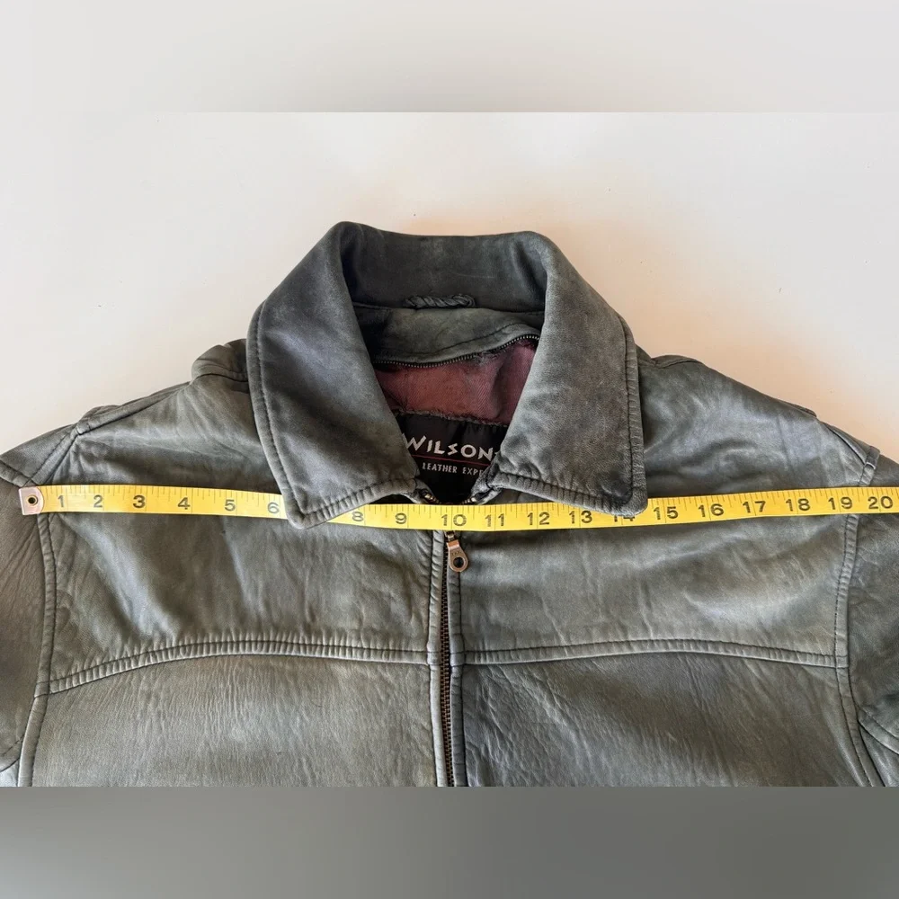 vintage 90s Y2K Wilsons olive green distressed bomber leather jacket * Flaws - Picture 8 of 16